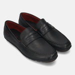 A black Men's bugatti Drivers featuring a round toe apron toe, zero heels heel. Made from premium genuine leather with a durable rubber outsole, this slip-on design offers both style and comfort.