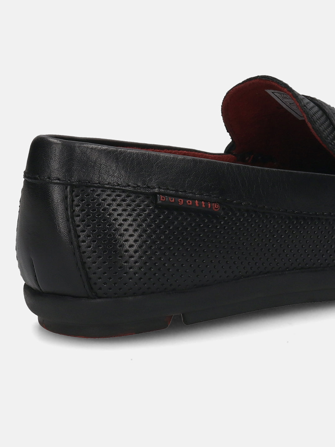 A black Men's bugatti Drivers featuring a round toe apron toe, zero heels heel. Made from premium genuine leather with a durable rubber outsole, this slip-on design offers both style and comfort.