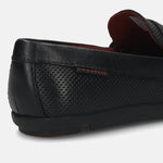 A black Men's bugatti Drivers featuring a round toe apron toe, zero heels heel. Made from premium genuine leather with a durable rubber outsole, this slip-on design offers both style and comfort.