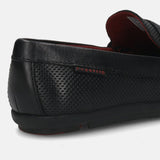 A black Men's bugatti Drivers featuring a round toe apron toe, zero heels heel. Made from premium genuine leather with a durable rubber outsole, this slip-on design offers both style and comfort.