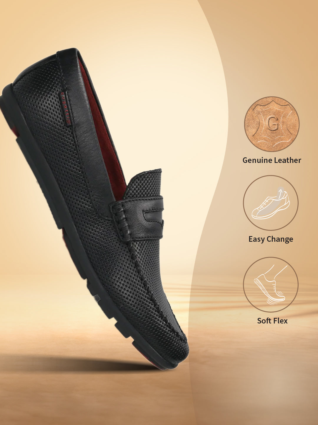 A black Men's bugatti Drivers featuring a round toe apron toe, zero heels heel. Made from premium genuine leather with a durable rubber outsole, this slip-on design offers both style and comfort.