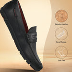 A black Men's bugatti Drivers featuring a round toe apron toe, zero heels heel. Made from premium genuine leather with a durable rubber outsole, this slip-on design offers both style and comfort.