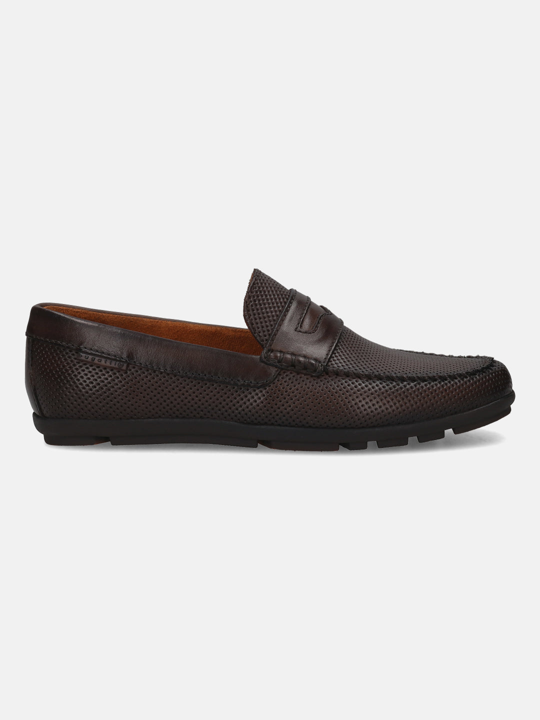 A brown Men's bugatti Drivers featuring a round toe apron toe, zero heels heel. Made from premium genuine leather with a durable rubber outsole, this slip-on design offers both style and comfort.