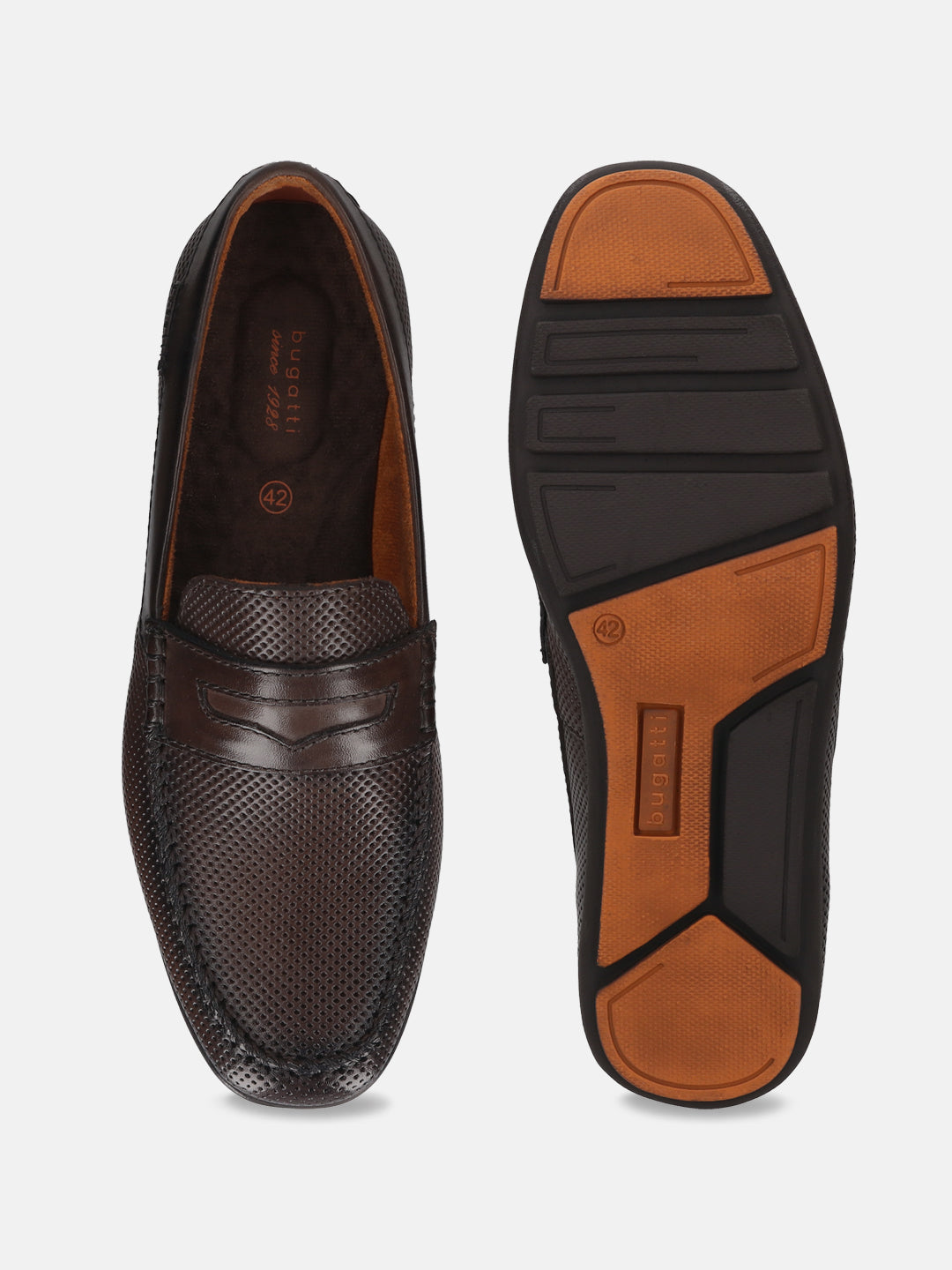 A brown Men's bugatti Drivers featuring a round toe apron toe, zero heels heel. Made from premium genuine leather with a durable rubber outsole, this slip-on design offers both style and comfort.