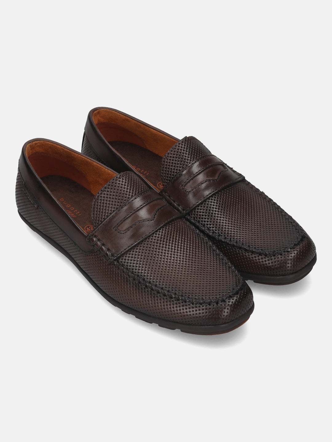 A brown Men's bugatti Drivers featuring a round toe apron toe, zero heels heel. Made from premium genuine leather with a durable rubber outsole, this slip-on design offers both style and comfort.