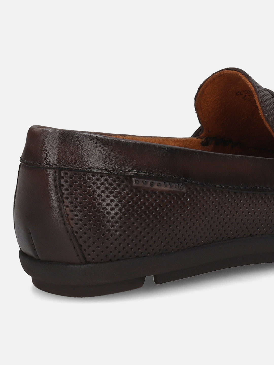 A brown Men's bugatti Drivers featuring a round toe apron toe, zero heels heel. Made from premium genuine leather with a durable rubber outsole, this slip-on design offers both style and comfort.