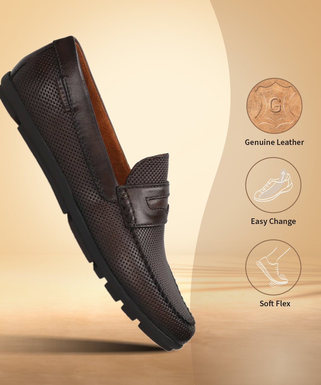 A brown Men's bugatti Drivers featuring a round toe apron toe, zero heels heel. Made from premium genuine leather with a durable rubber outsole, this slip-on design offers both style and comfort.