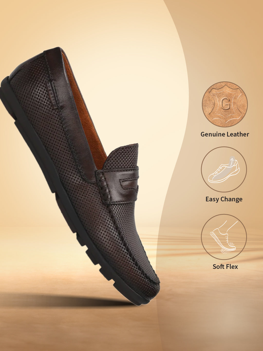 A brown Men's bugatti Drivers featuring a round toe apron toe, zero heels heel. Made from premium genuine leather with a durable rubber outsole, this slip-on design offers both style and comfort.