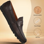 A brown Men's bugatti Drivers featuring a round toe apron toe, zero heels heel. Made from premium genuine leather with a durable rubber outsole, this slip-on design offers both style and comfort.