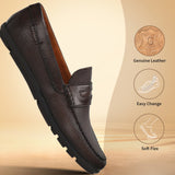 A brown Men's bugatti Drivers featuring a round toe apron toe, zero heels heel. Made from premium genuine leather with a durable rubber outsole, this slip-on design offers both style and comfort.