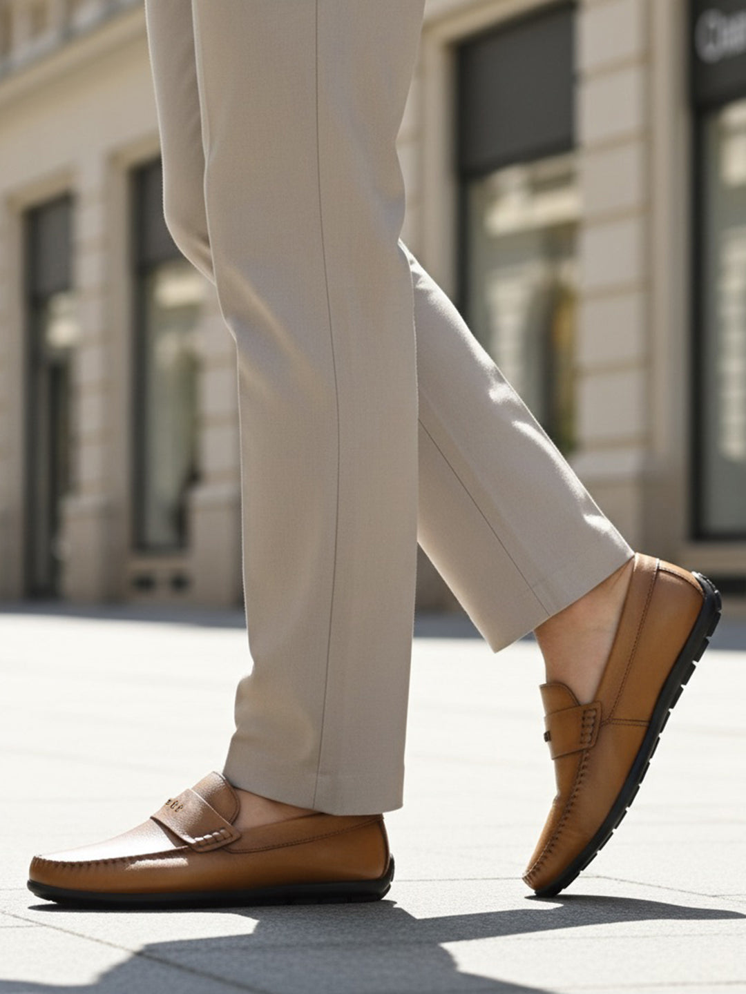 bugatti Linex yellow leather slip-on shoes with moccasin style, worn with light neutral dress pants.
