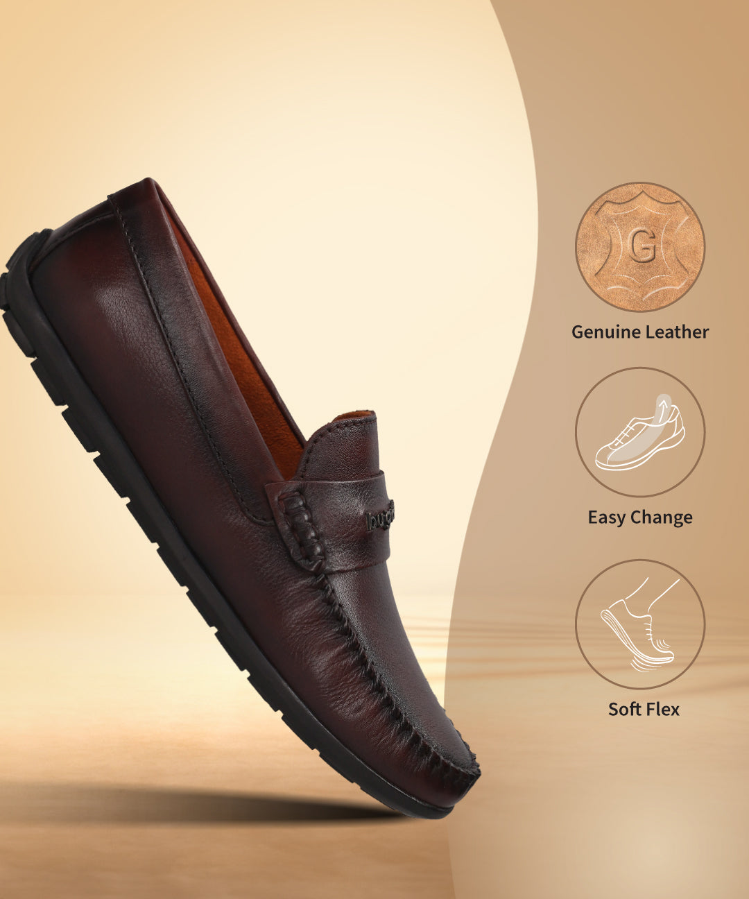 Bugatti Linex slip-on shoe in mid-brown premium leather with a moccasin toe and comfort sole.
