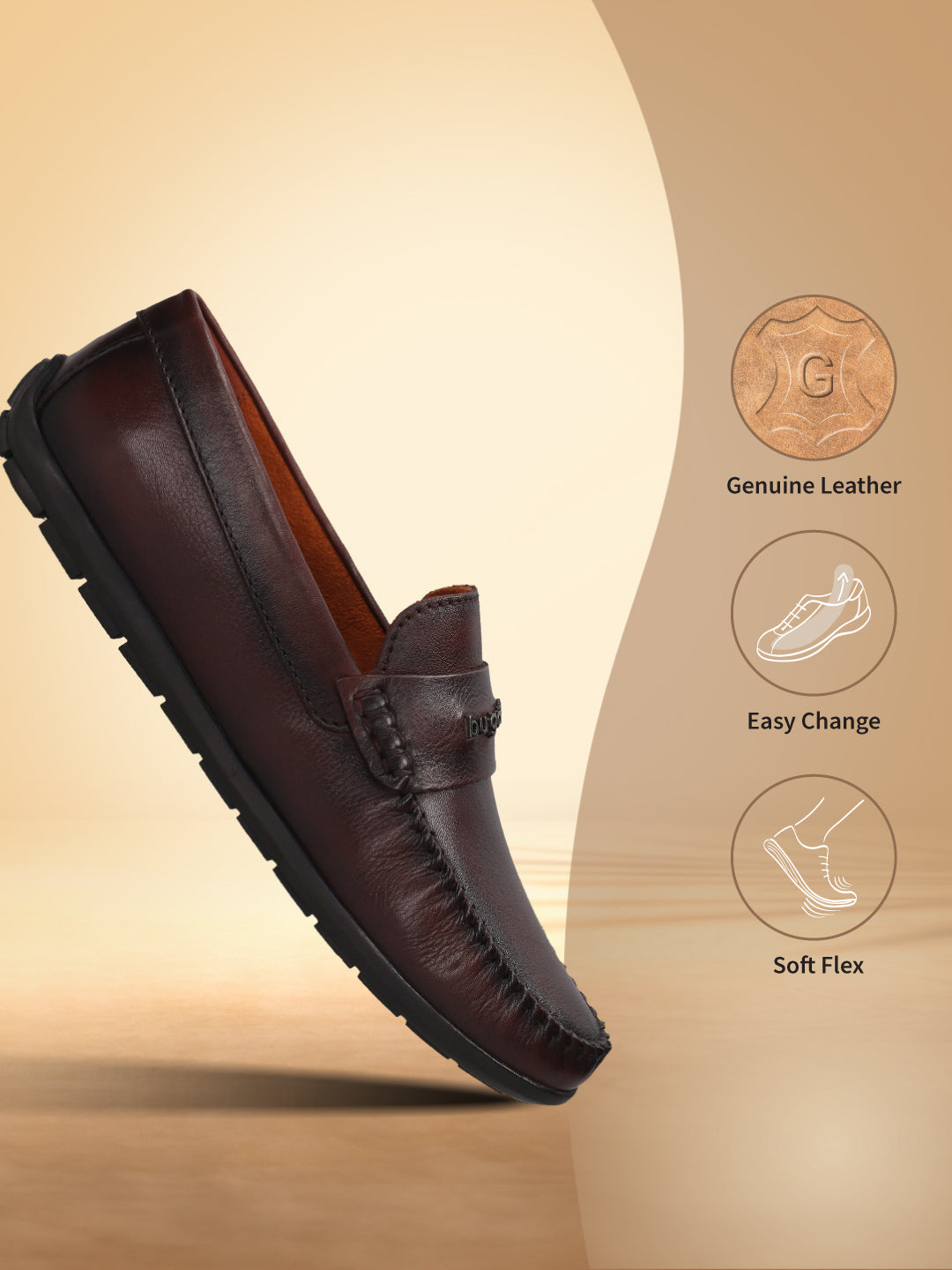 Bugatti Linex slip-on shoe in mid-brown premium leather with a moccasin toe and comfort sole.
