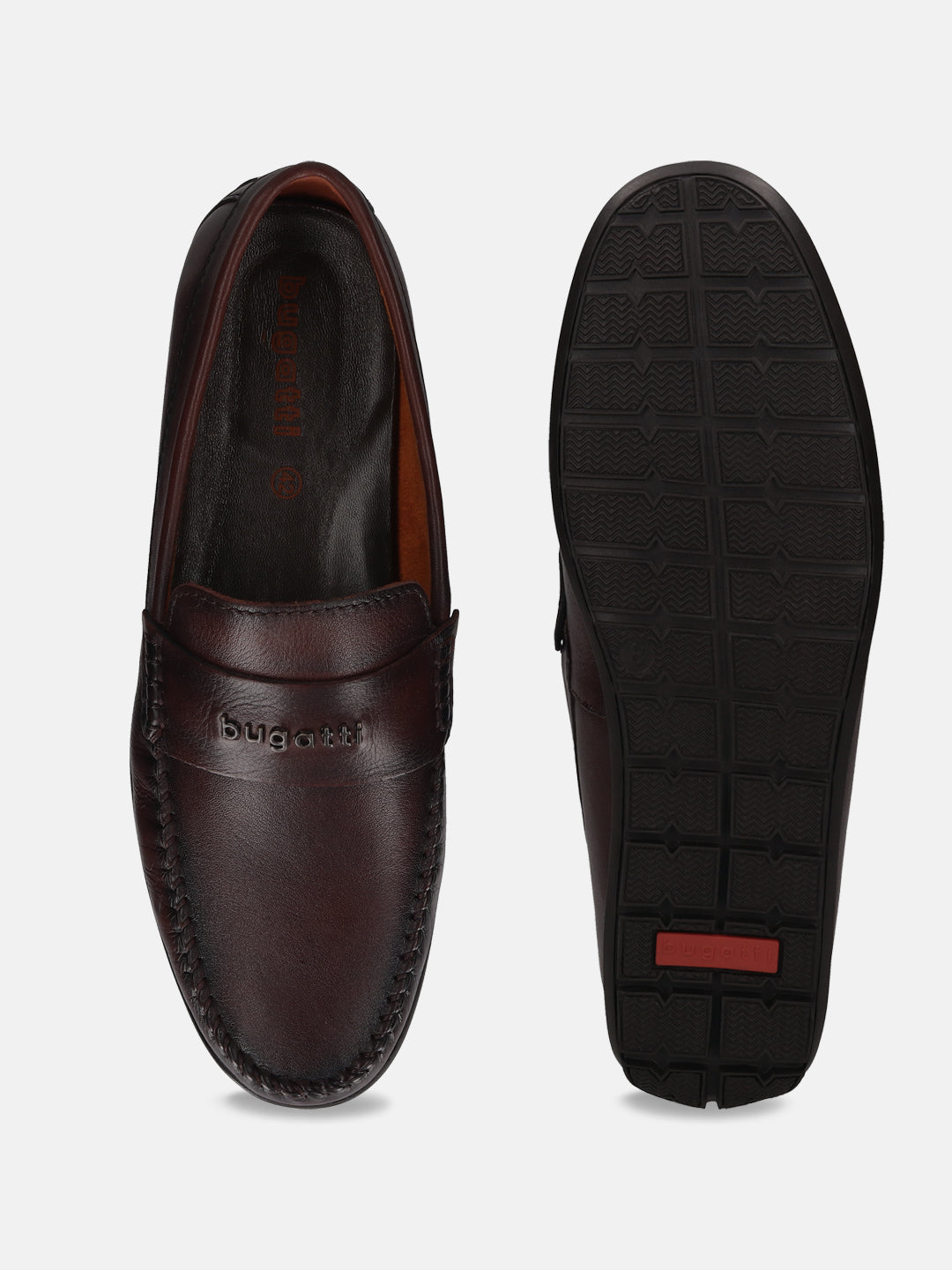 Brown bugatti leather slip-on shoe, featuring a moc toe and comfortable sole, shown alongside its textured outsole.