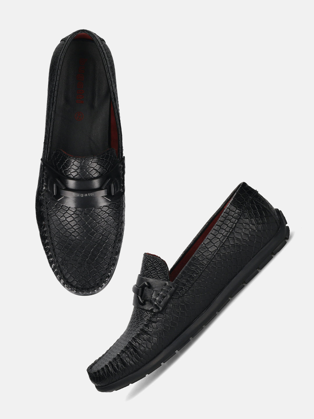 Men's Bugatti drivers black leather shoes with a round toe and apron toe , a tpr outsole.