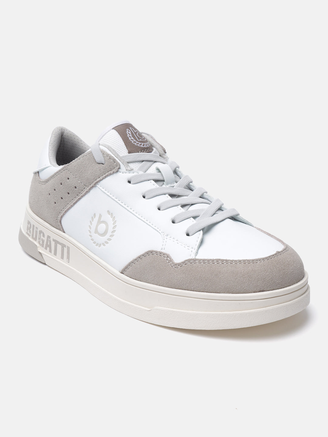 White leather sneaker by Bugatti, with gray suede accents and off-white sole.