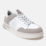 White leather sneaker by Bugatti, with gray suede accents and off-white sole.