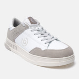 White leather sneaker by Bugatti, with gray suede accents and off-white sole.