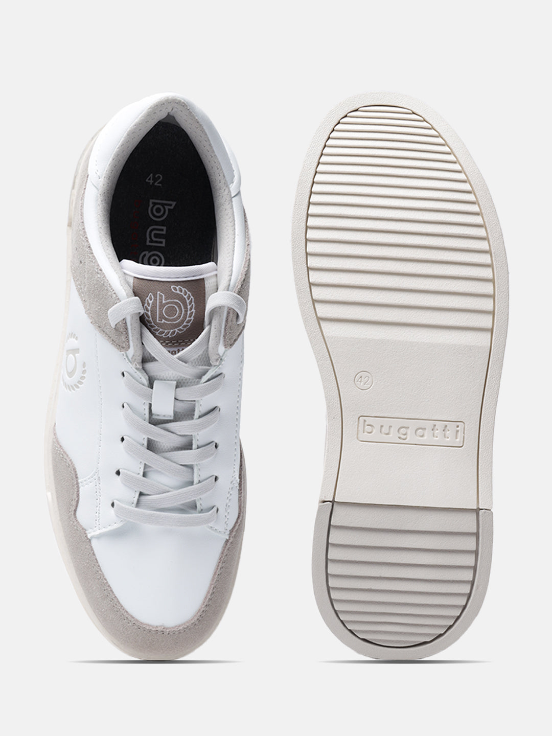 A white Men's bugatti Sneakers featuring a round plain toe, zero heels heel. Made from suede leather with a durable tpr outsole, this laces design offers both style and comfort.