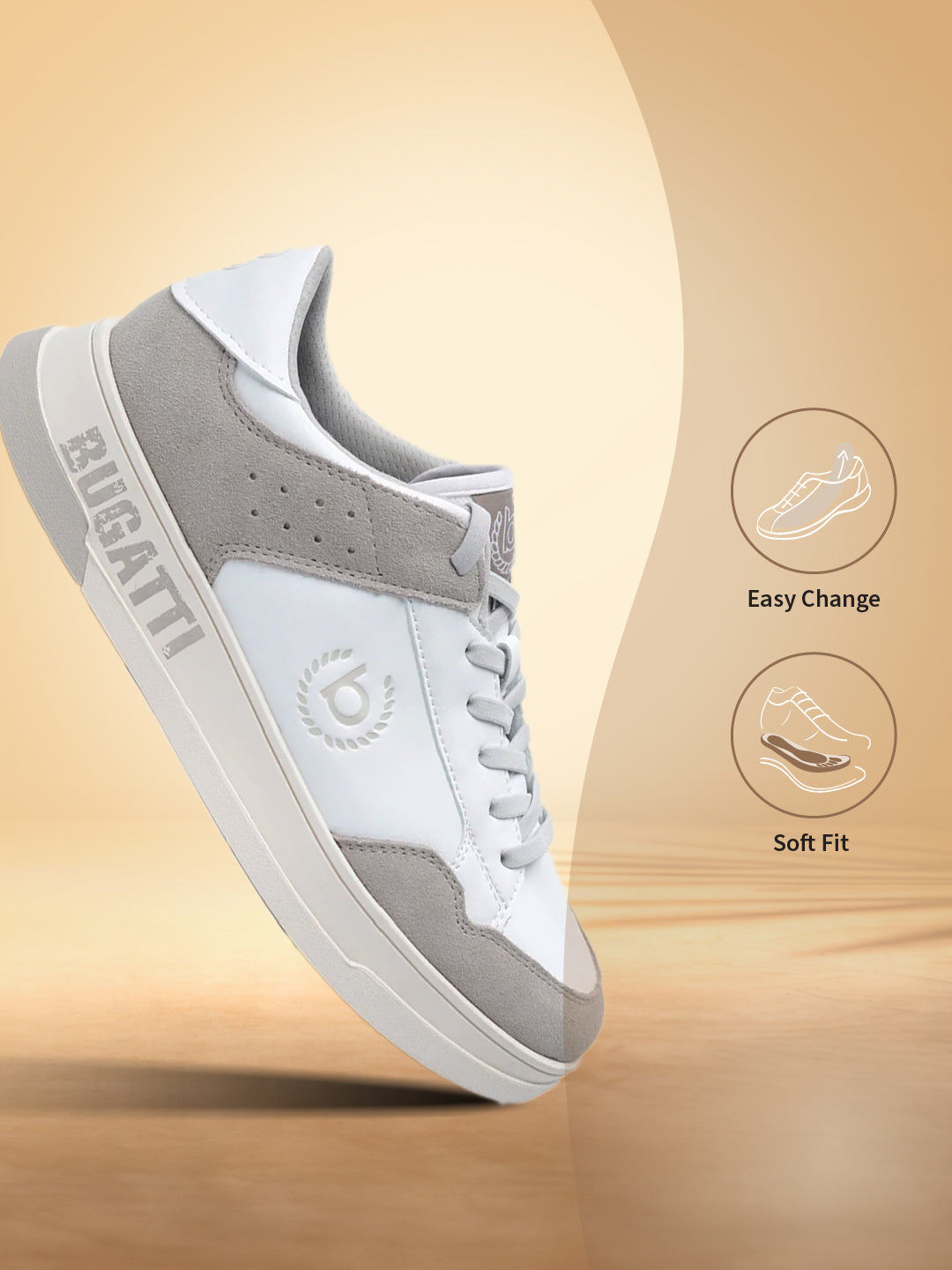 A white Men's bugatti Sneakers featuring a round plain toe, zero heels heel. Made from suede leather with a durable tpr outsole, this laces design offers both style and comfort.
