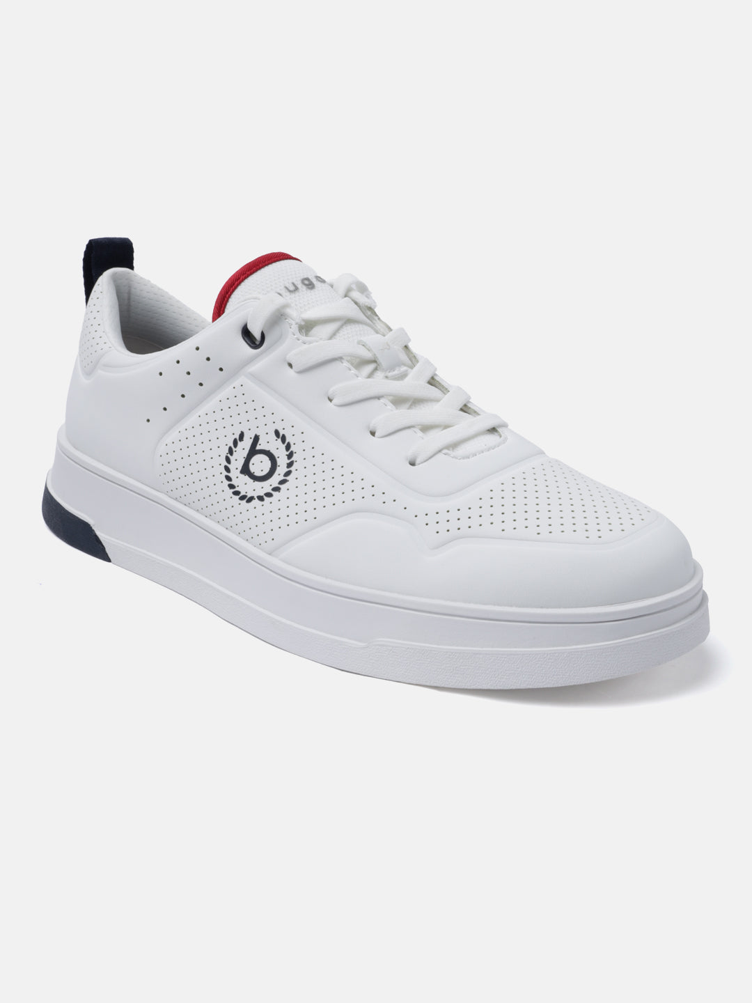 A white Men's bugatti Sneakers featuring a round plain toe, zero heels heel. Made from synthetic with a durable tpr outsole, this laces design offers both style and comfort.