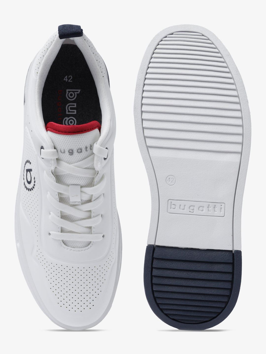 A white Men's bugatti Sneakers featuring a round plain toe, zero heels heel. Made from synthetic with a durable tpr outsole, this laces design offers both style and comfort.