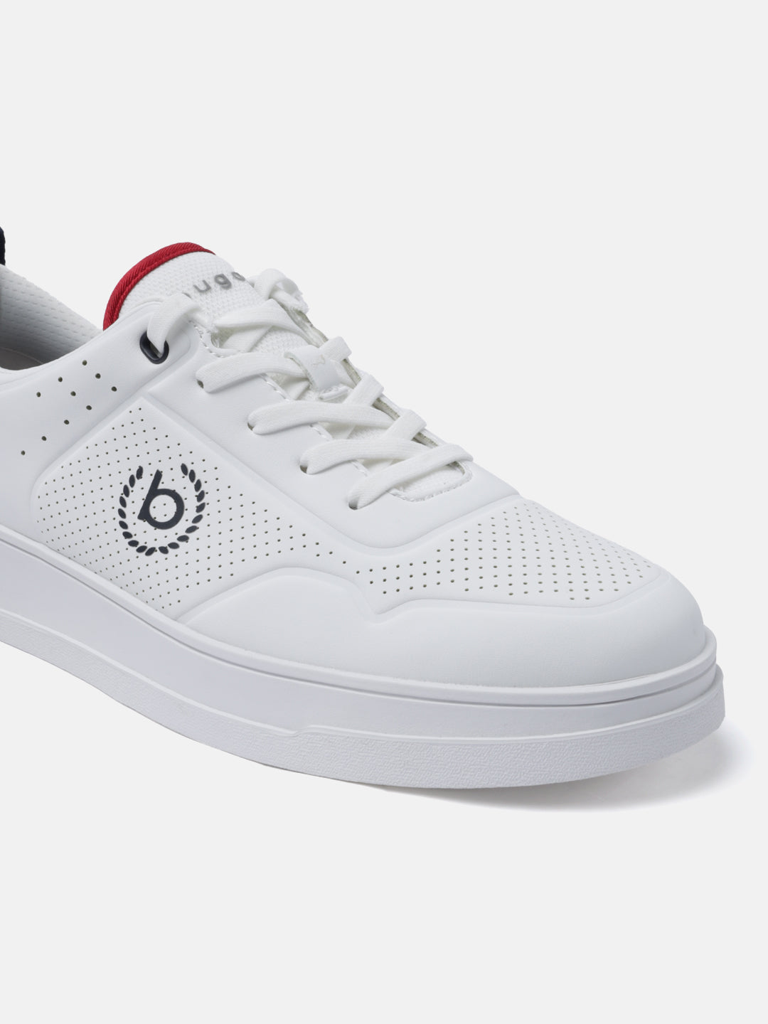 A white Men's bugatti Sneakers featuring a round plain toe, zero heels heel. Made from synthetic with a durable tpr outsole, this laces design offers both style and comfort.