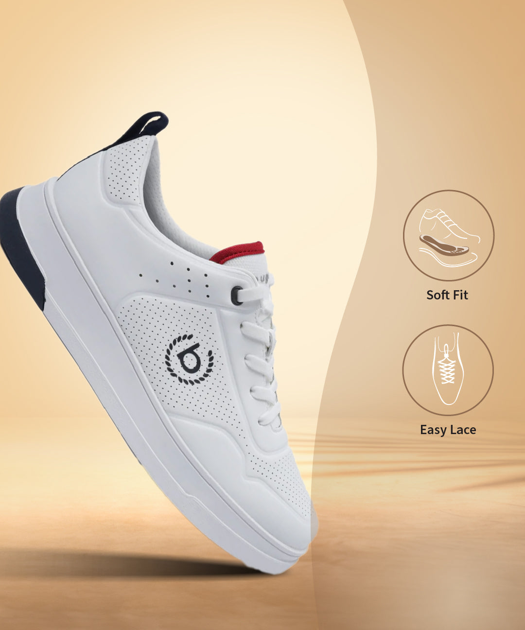 White comfort sneaker by bugatti with navy and red accents, shown at an angle on a warm-toned background.
