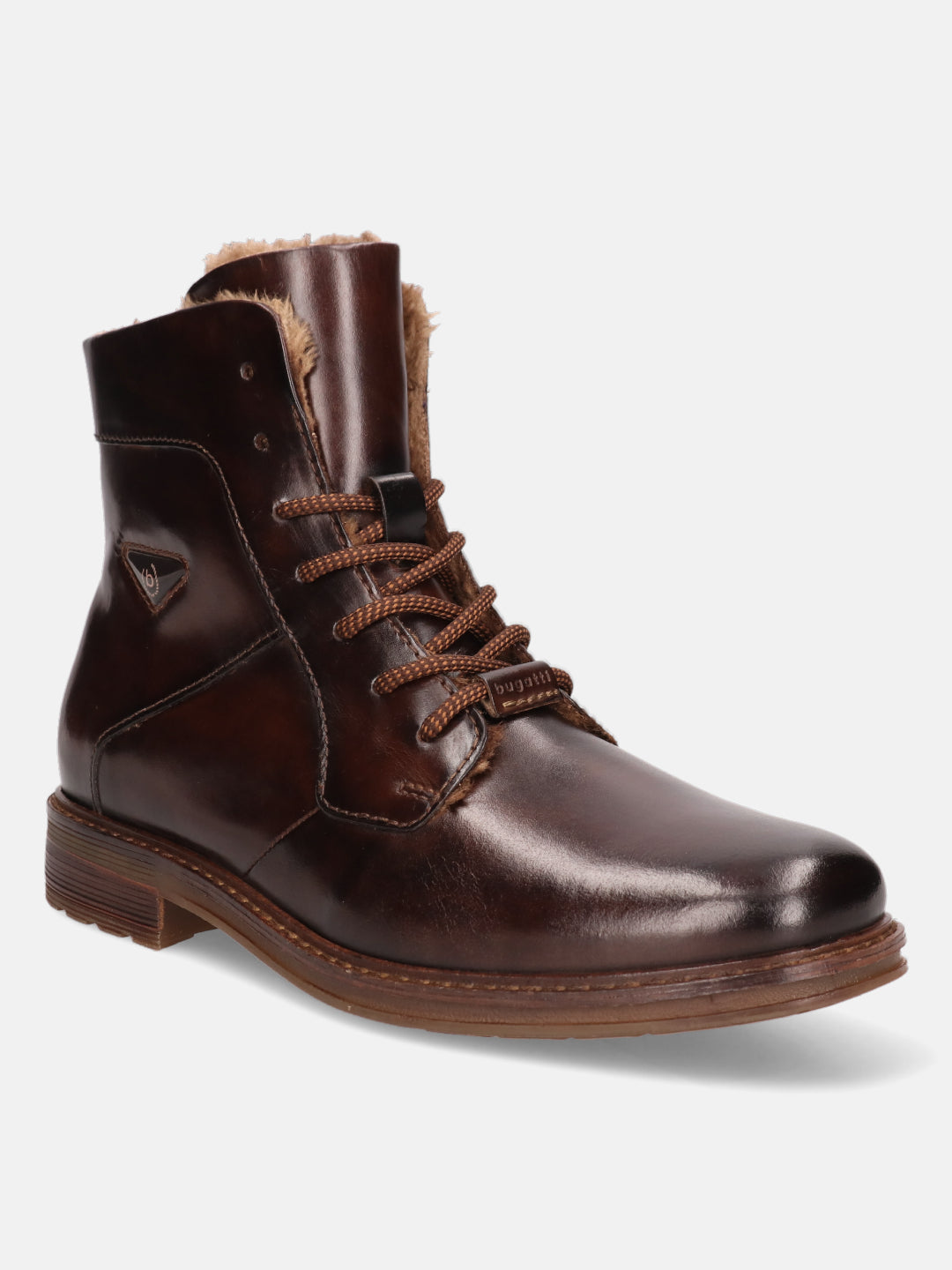 A brown Men's bugatti Ankle Boots featuring a round toe plain toe, stacked heel, and a wide fit. Made from premium genuine leather with a durable tpr outsole, this laces design offers both style and comfort.