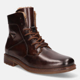 A brown Men's bugatti Ankle Boots featuring a round toe plain toe, stacked heel, and a wide fit. Made from premium genuine leather with a durable tpr outsole, this laces design offers both style and comfort.