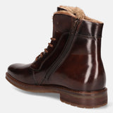 A brown Men's bugatti Ankle Boots featuring a round toe plain toe, stacked heel, and a wide fit. Made from premium genuine leather with a durable tpr outsole, this laces design offers both style and comfort.