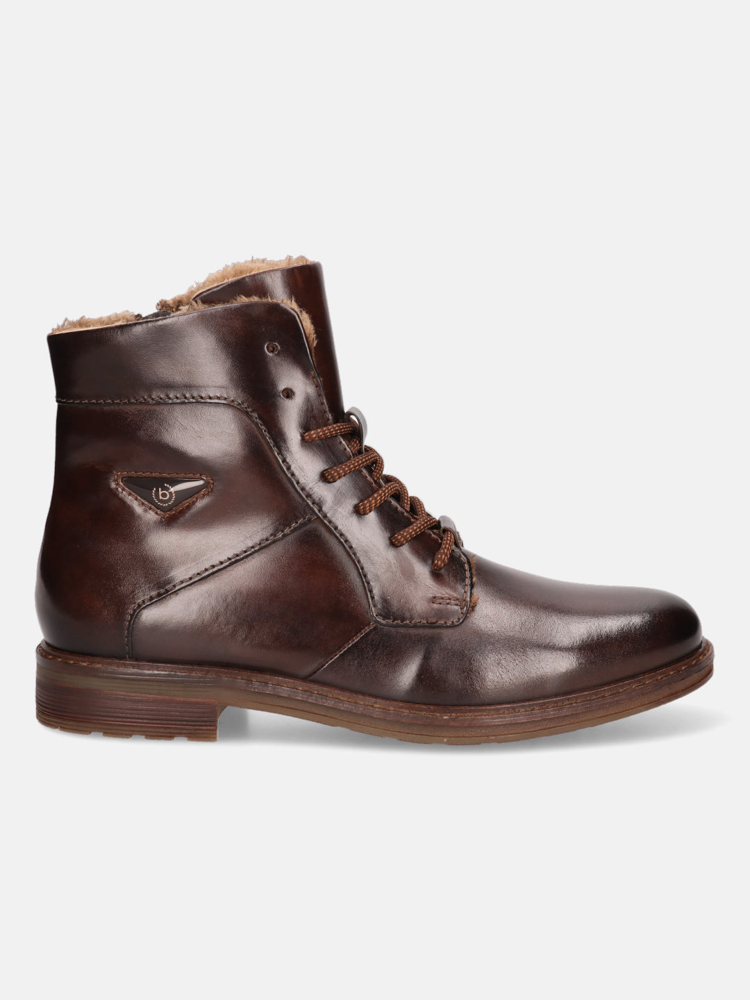 A brown Men's bugatti Ankle Boots featuring a round toe plain toe, stacked heel, and a wide fit. Made from premium genuine leather with a durable tpr outsole, this laces design offers both style and comfort.