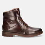 A brown Men's bugatti Ankle Boots featuring a round toe plain toe, stacked heel, and a wide fit. Made from premium genuine leather with a durable tpr outsole, this laces design offers both style and comfort.