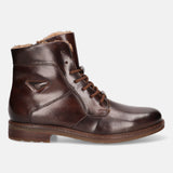 A brown Men's bugatti Ankle Boots featuring a round toe plain toe, stacked heel, and a wide fit. Made from premium genuine leather with a durable tpr outsole, this laces design offers both style and comfort.
