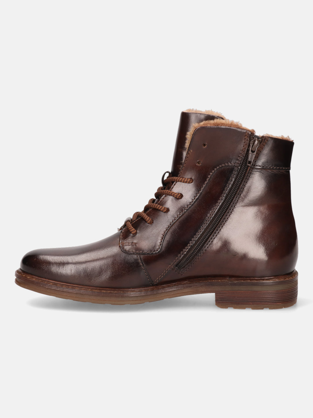 A brown Men's bugatti Ankle Boots featuring a round toe plain toe, stacked heel, and a wide fit. Made from premium genuine leather with a durable tpr outsole, this laces design offers both style and comfort.