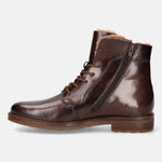 A brown Men's bugatti Ankle Boots featuring a round toe plain toe, stacked heel, and a wide fit. Made from premium genuine leather with a durable tpr outsole, this laces design offers both style and comfort.