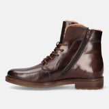 A brown Men's bugatti Ankle Boots featuring a round toe plain toe, stacked heel, and a wide fit. Made from premium genuine leather with a durable tpr outsole, this laces design offers both style and comfort.