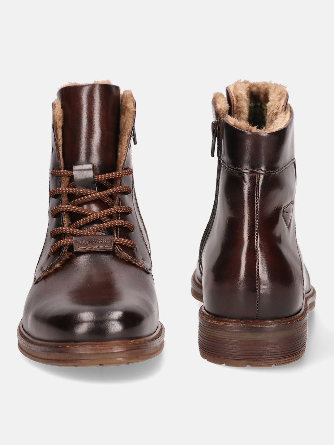 A brown Men's bugatti Ankle Boots featuring a round toe plain toe, stacked heel, and a wide fit. Made from premium genuine leather with a durable tpr outsole, this laces design offers both style and comfort.