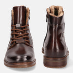 A brown Men's bugatti Ankle Boots featuring a round toe plain toe, stacked heel, and a wide fit. Made from premium genuine leather with a durable tpr outsole, this laces design offers both style and comfort.