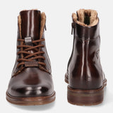 A brown Men's bugatti Ankle Boots featuring a round toe plain toe, stacked heel, and a wide fit. Made from premium genuine leather with a durable tpr outsole, this laces design offers both style and comfort.
