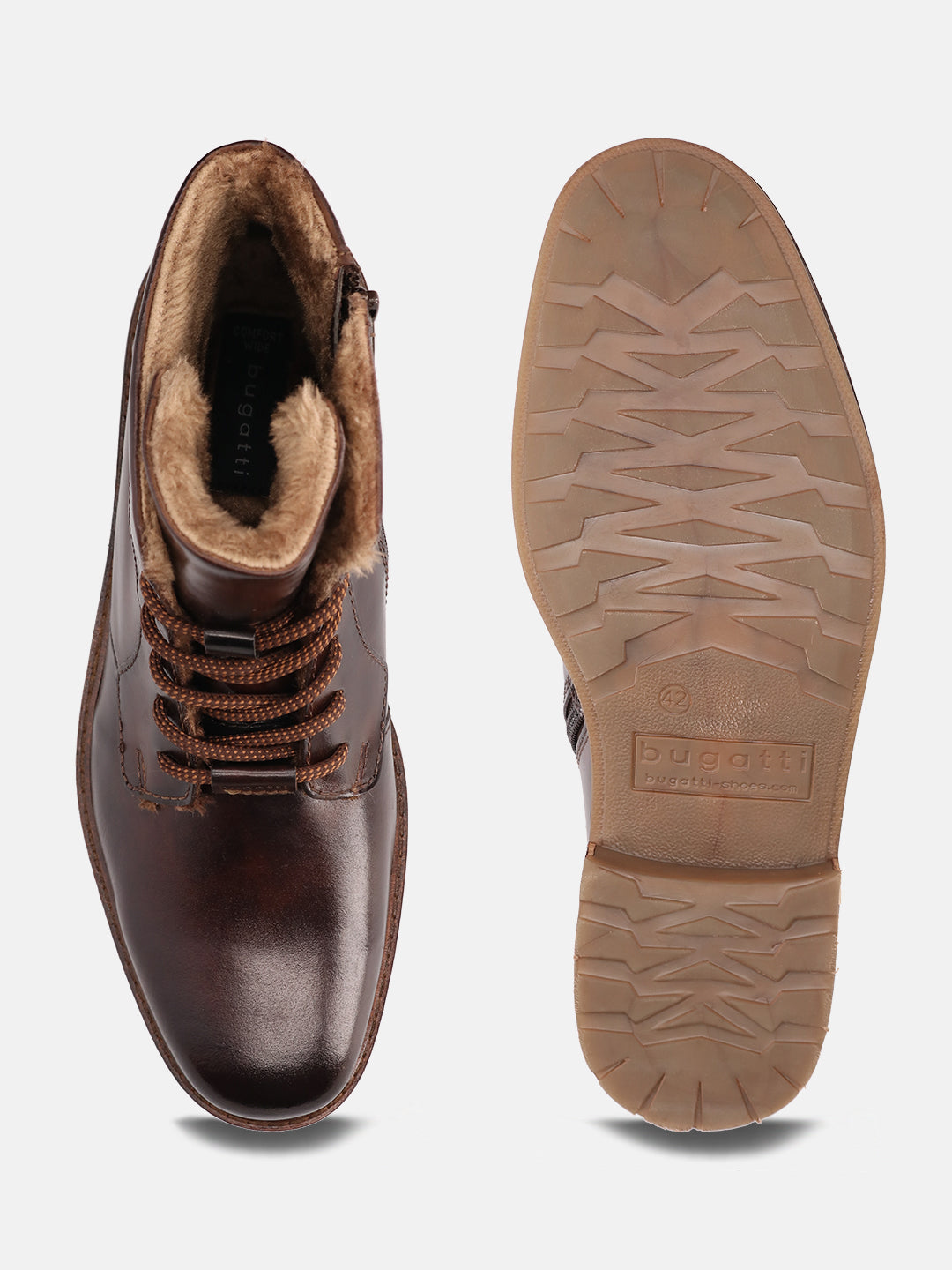A brown Men's bugatti Ankle Boots featuring a round toe plain toe, stacked heel, and a wide fit. Made from premium genuine leather with a durable tpr outsole, this laces design offers both style and comfort.
