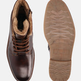 A brown Men's bugatti Ankle Boots featuring a round toe plain toe, stacked heel, and a wide fit. Made from premium genuine leather with a durable tpr outsole, this laces design offers both style and comfort.