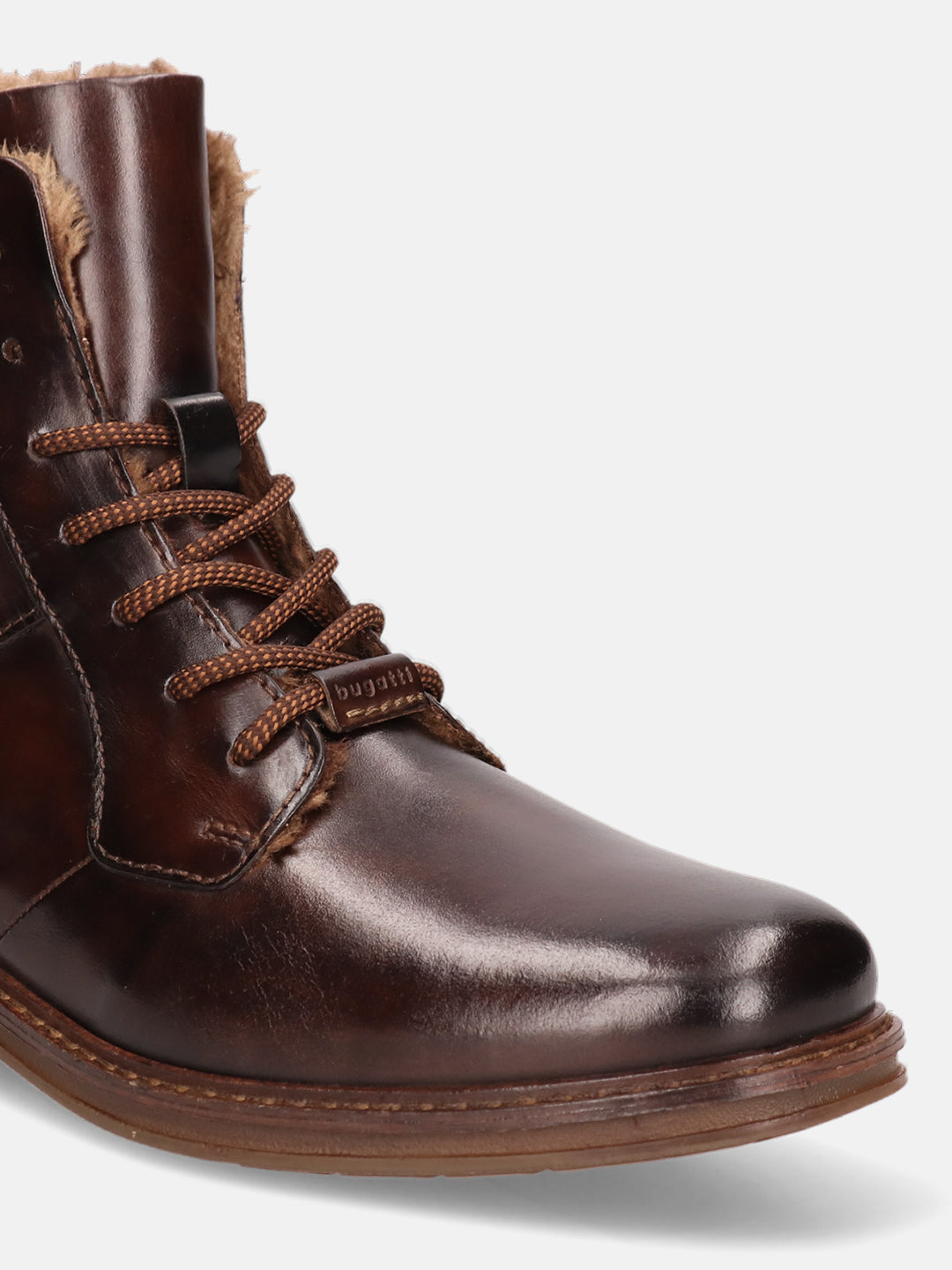 A brown Men's bugatti Ankle Boots featuring a round toe plain toe, stacked heel, and a wide fit. Made from premium genuine leather with a durable tpr outsole, this laces design offers both style and comfort.