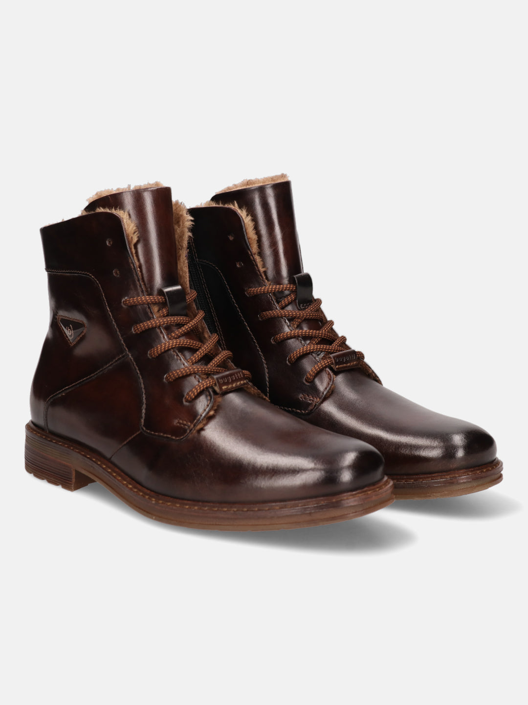 A brown Men's bugatti Ankle Boots featuring a round toe plain toe, stacked heel, and a wide fit. Made from premium genuine leather with a durable tpr outsole, this laces design offers both style and comfort.