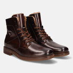 A brown Men's bugatti Ankle Boots featuring a round toe plain toe, stacked heel, and a wide fit. Made from premium genuine leather with a durable tpr outsole, this laces design offers both style and comfort.