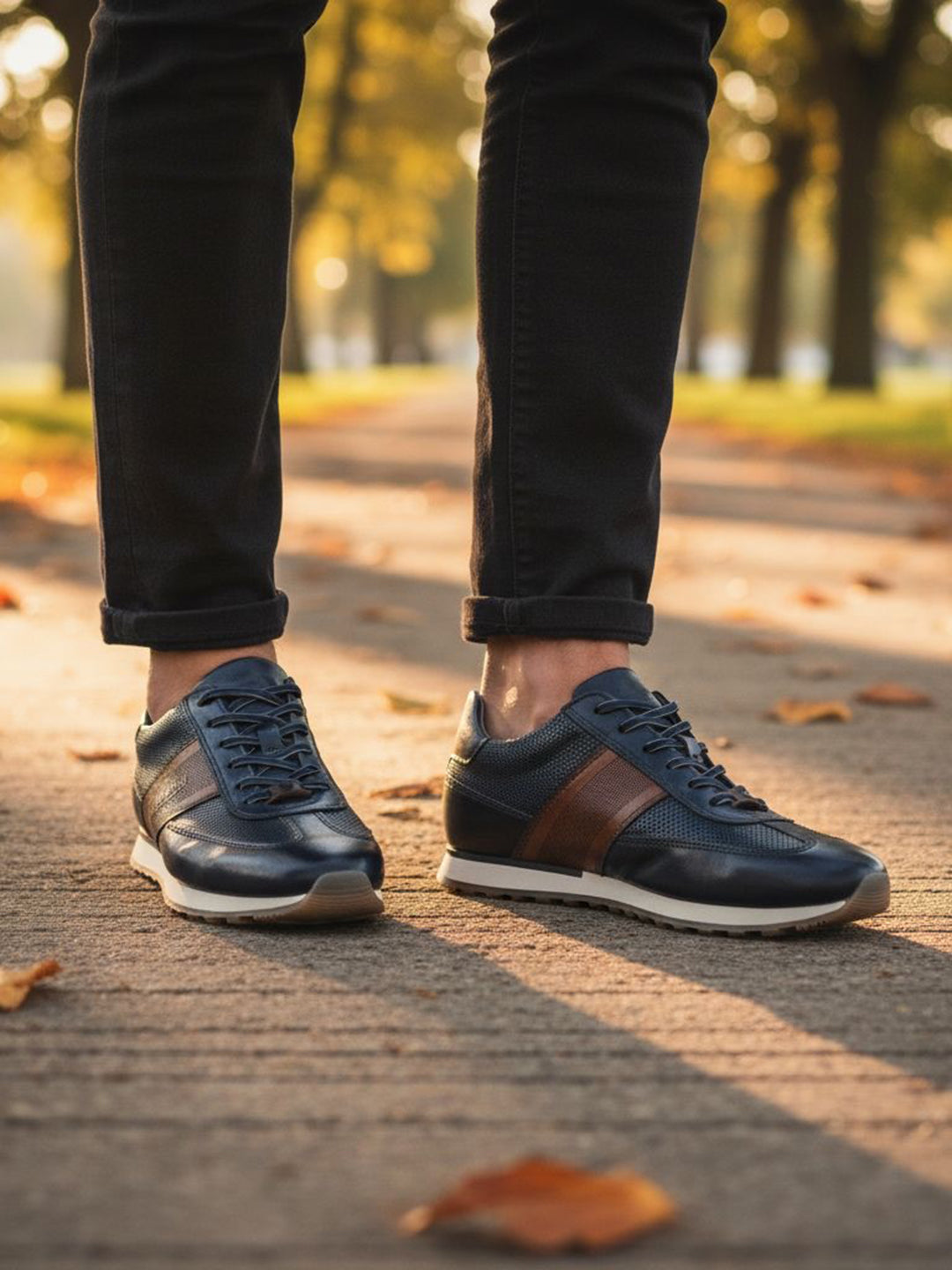 bugatti Ivar dark blue leather sneakers with brown stripe, white midsole, worn with black jeans.
