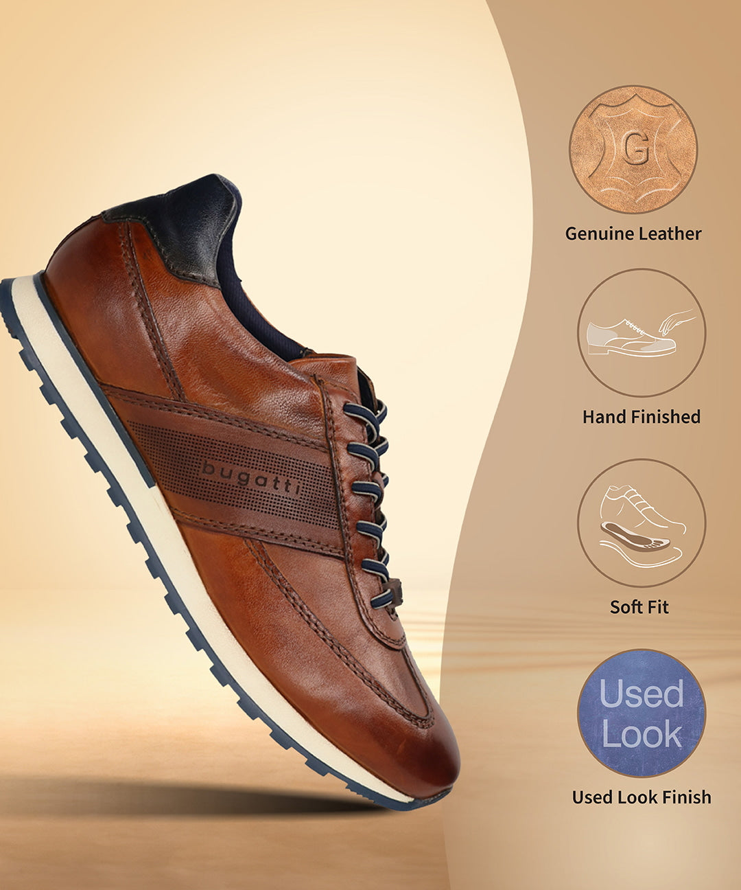 Men's Bugatti leather cognac leather shoes with a round toe , a tpr outsole , and laces fastening.