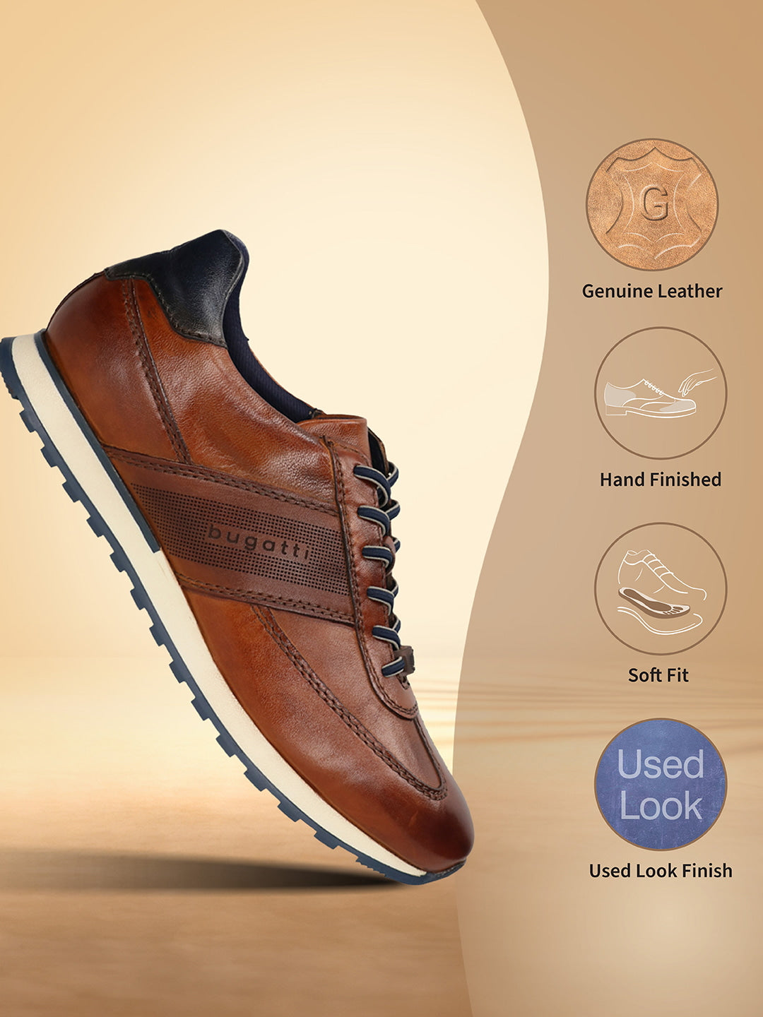 Men's Bugatti leather cognac leather shoes with a round toe , a tpr outsole , and laces fastening.