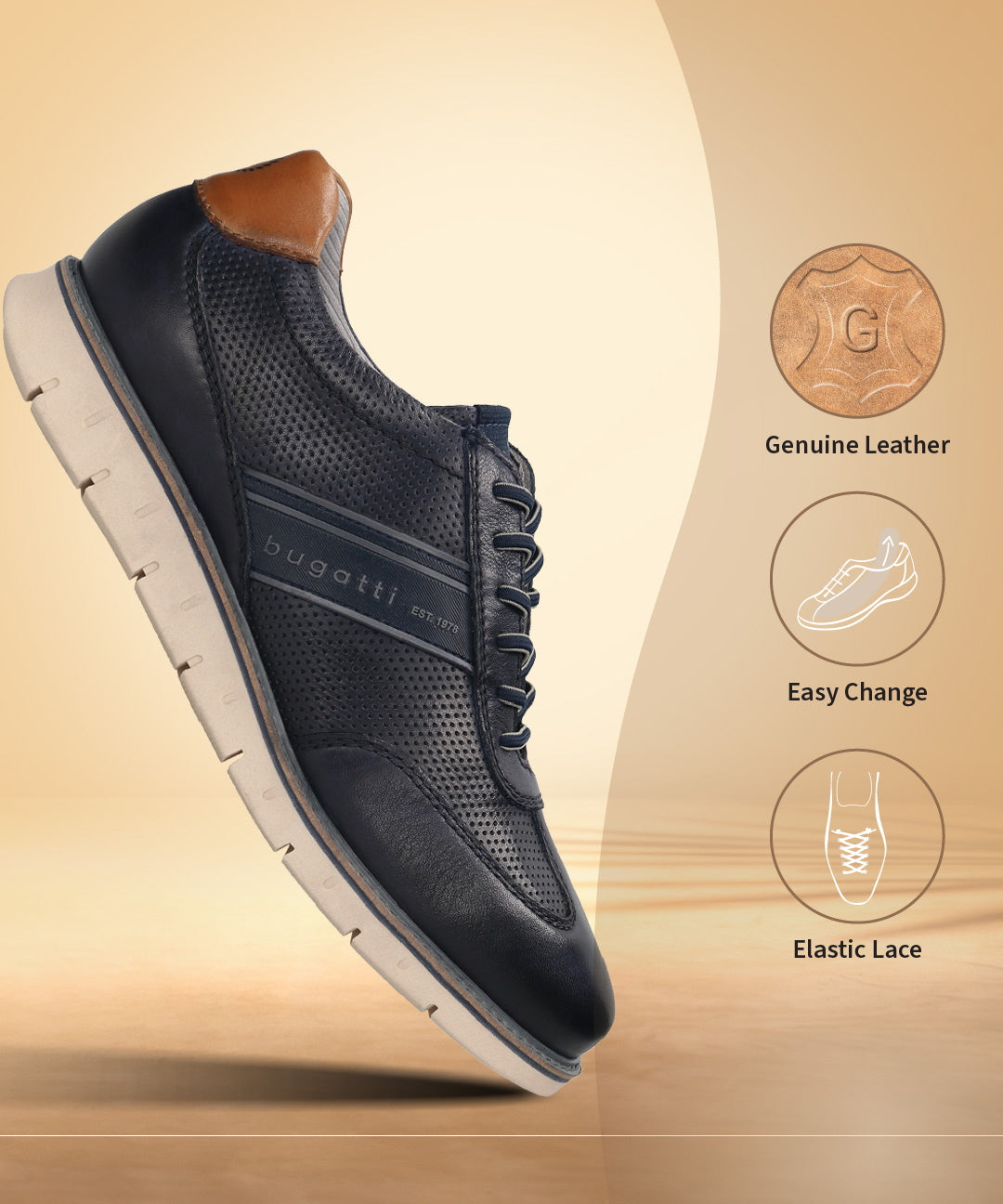 Dark blue leather sneakers by bugatti with tan accents, featuring a perforated design and a segmented sole.