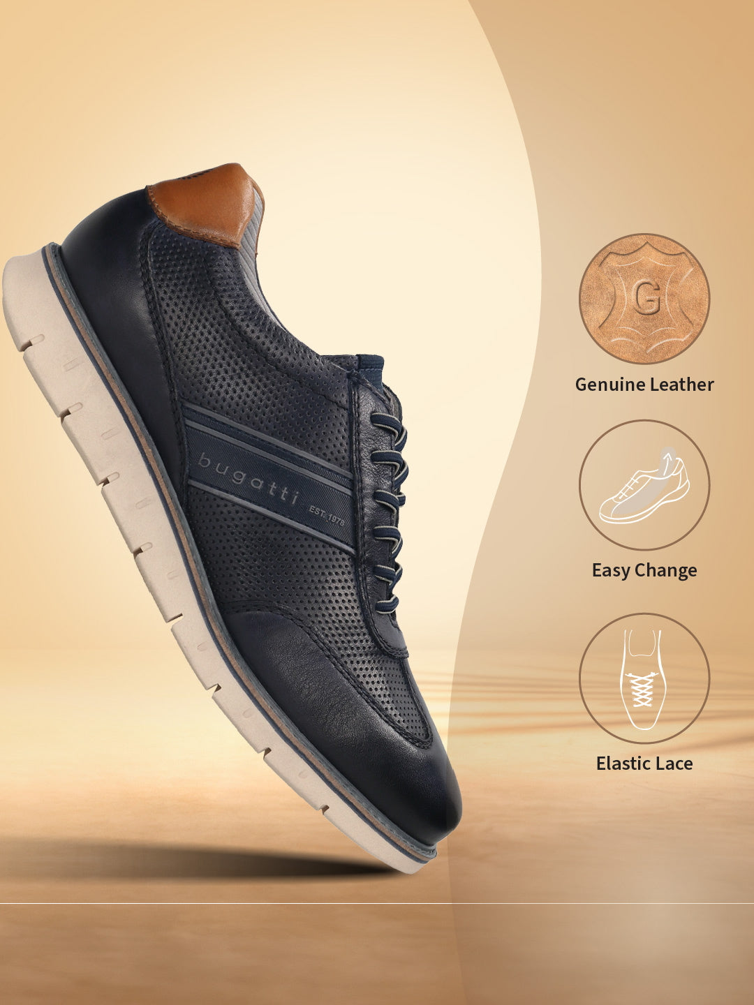 Dark blue leather sneakers by bugatti with tan accents, featuring a perforated design and a segmented sole.